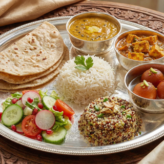 Govinda Thali (Roti, Rice, Dal or Beans, Quinoa, Paneer Sabzi, Salad & Sweet),